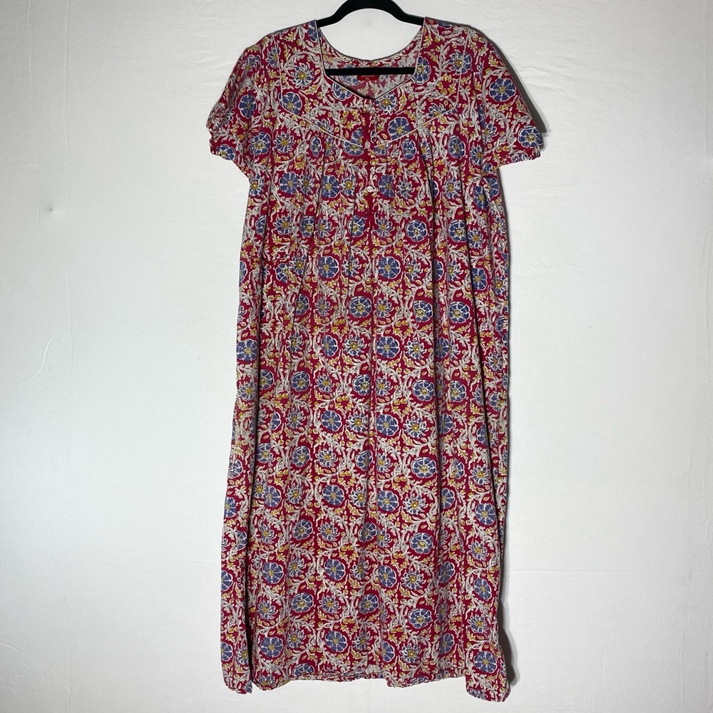 Vintage RD Red Blue Floral Print Cotton Maxi Length Nightgown Sleep Dress XL